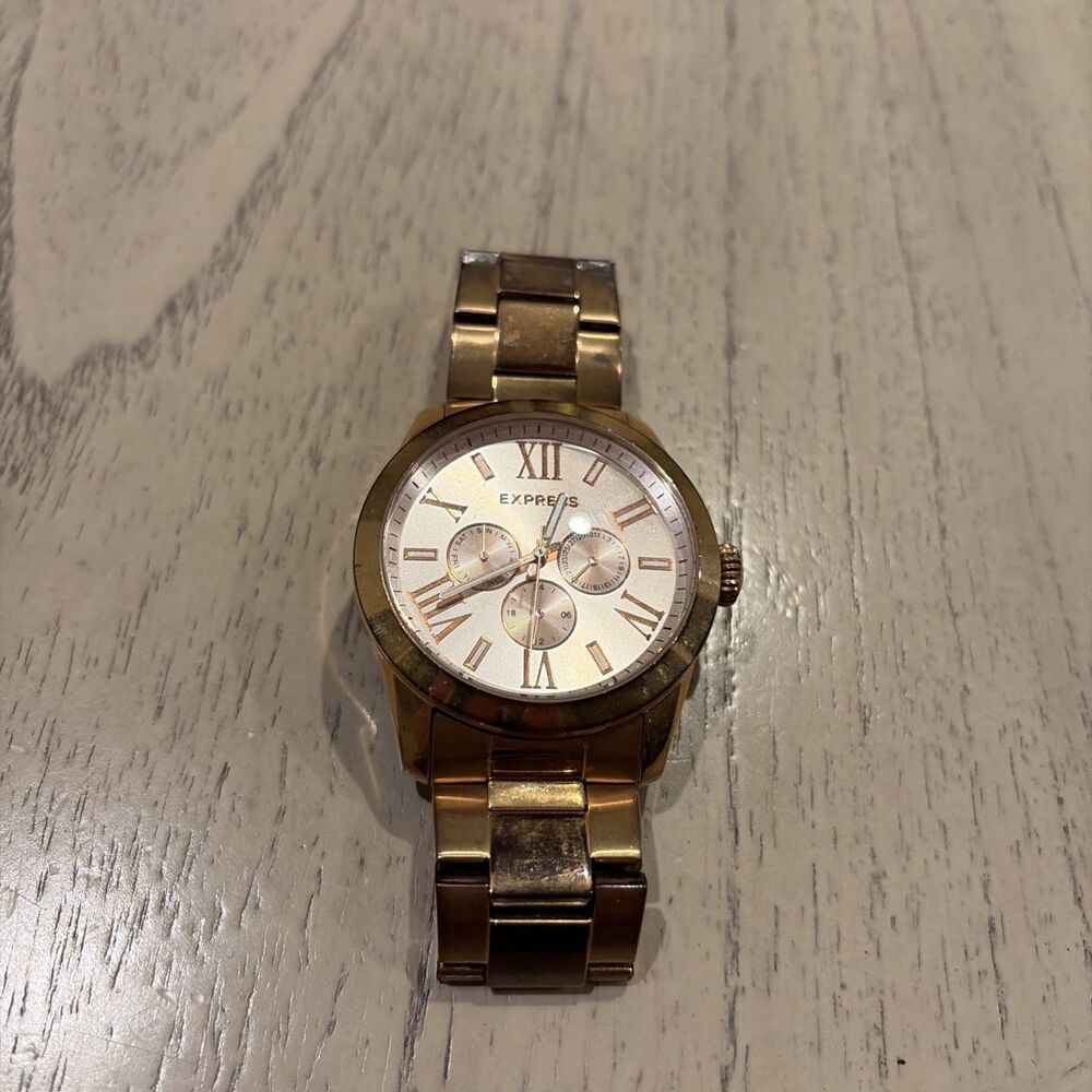 Express Multifunction Quartz Roman Numeral Gold-Tone Metal Bracelet Watch